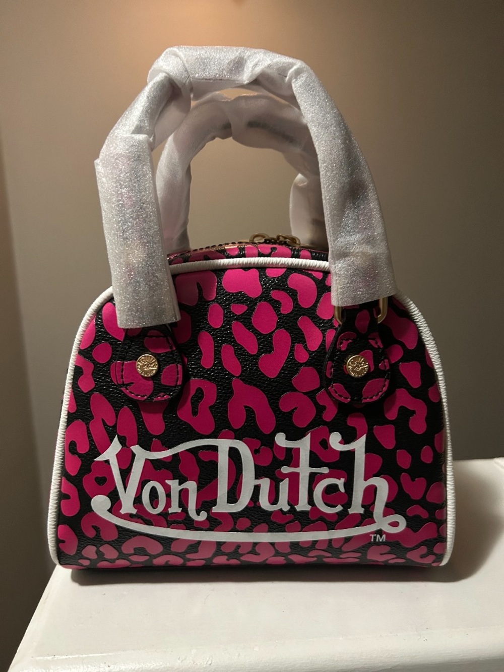 Von Dutch Hot Pink and Black Leopard Mini Satchel